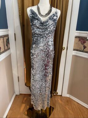 Zara M Silver Sequin Cowl Neck Evening Dress